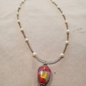 16" necklace with pink dichroic pendant and pearl and silver beaded chain
